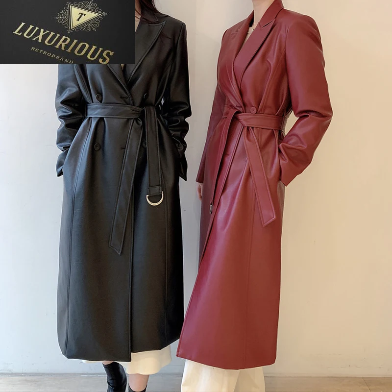 Женский двубортный Тренч из ПУ кожи, винтажная верхняя одежда с поясом и воротником-стойкой, весна 2024