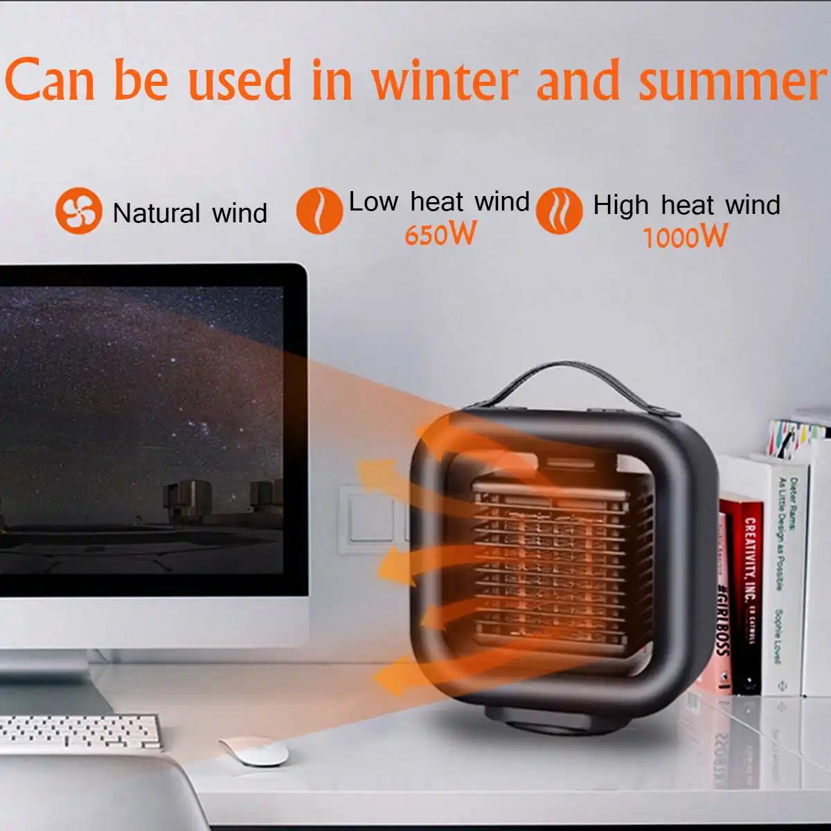 1000W 3 Modes Portable Mini Heating and Cooling Dual-use Electric Heater Desktop Heater for Household Indoor Heating Camping