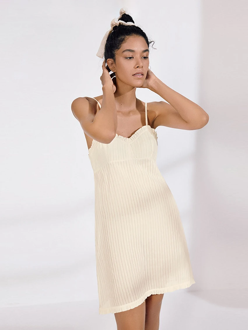 

Marthaqiqi Cotton Women'S Nightgowns Sexy Spaghetti Strap Sleepwear Pit Strip Wood Ear Edge Nightwear Knee-Length Night Dress