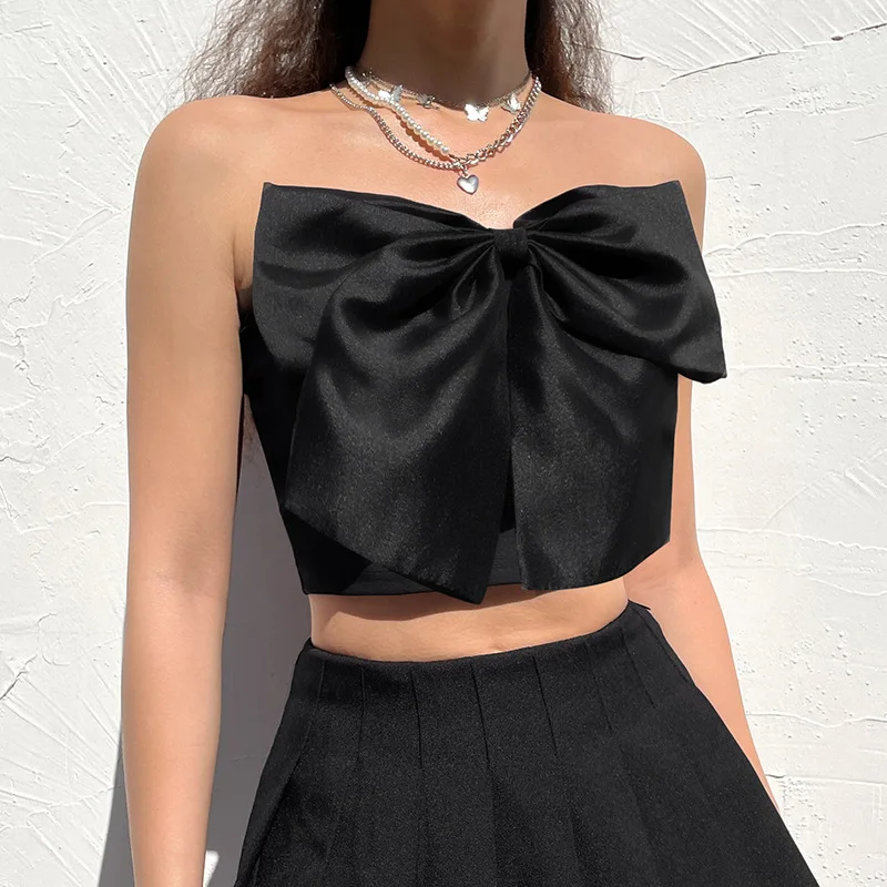 

2022 Summer New Trend Street Hot Girl Style Temperament All-match Fashion Bow Word Neck Tight Sexy Backless Tube Top Girl Top