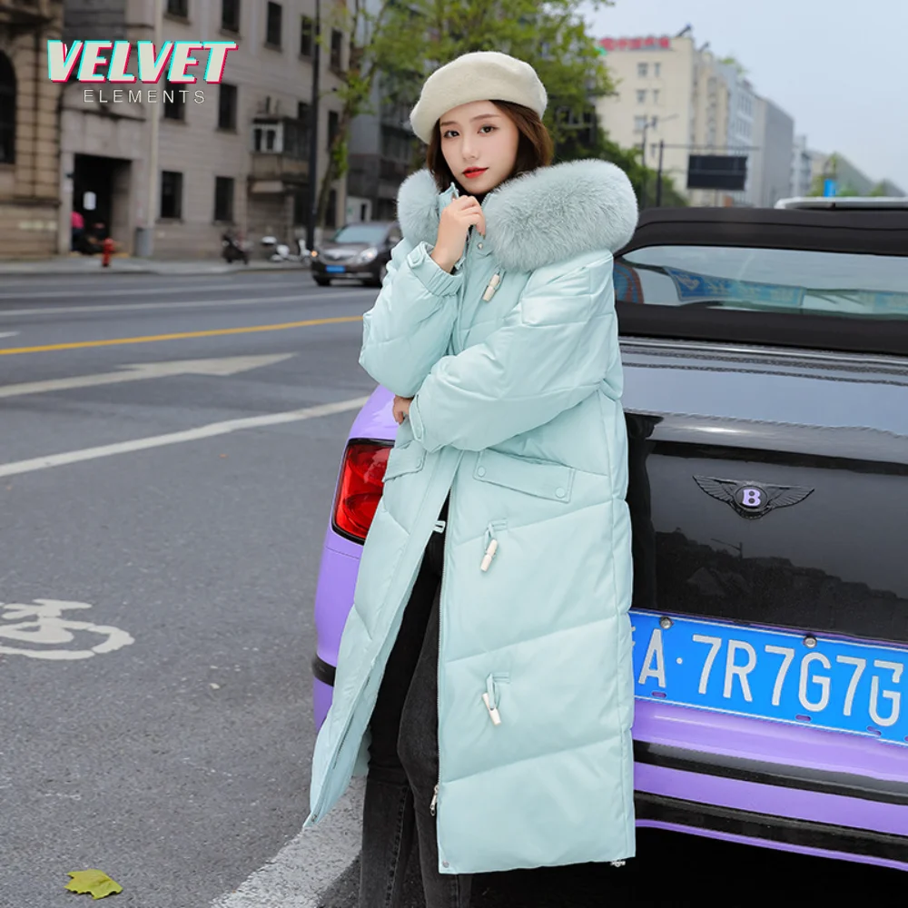 VelvetElement Winter Parkas Women Large Fur Collar Hooded X-Long Jacket Thickness Cotton Padded Overcoat -30 Degree Snow Outwear