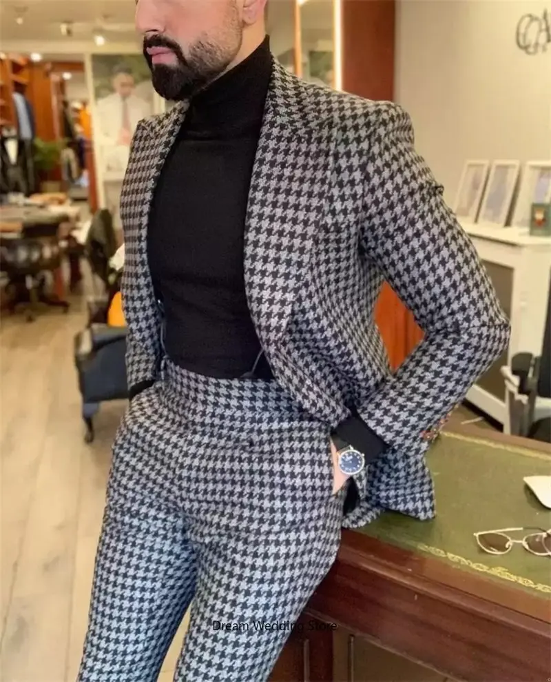

Houndstooth Men Suits Formal Slim Fit For Wedding Tuxedos 2 Pieces (Blazer+Pants) Dinner Date Prom Party Custom Made Male Coat