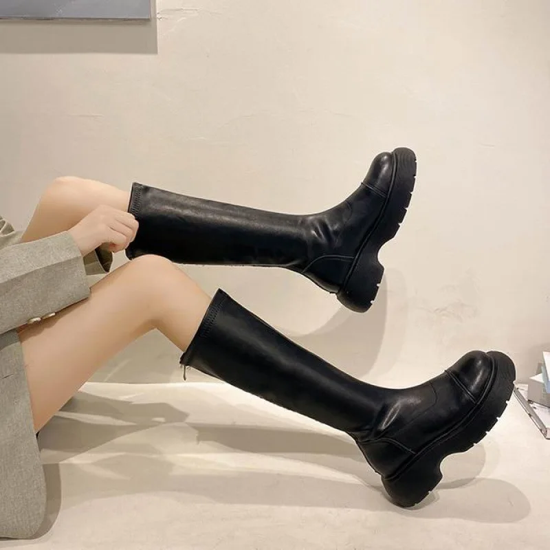 

2022 New Fashion Design Fall Motorcycle Boots Women Mid Boots Thick Sole Bantam High Heels Gothic Punk Shoes Female Long Boots