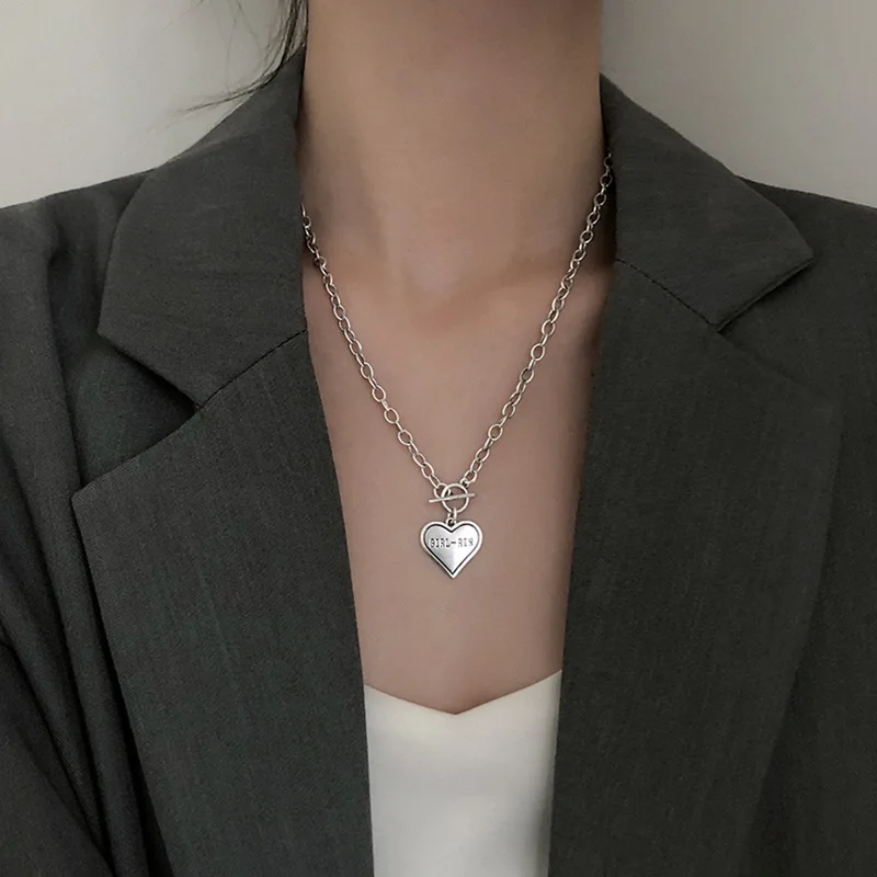 

FMILY Minimalist Heart Letter Necklace S925 Sterling Silver Fashion Retro Niche Design OT Buckle Jewelry for Girlfriend Gift