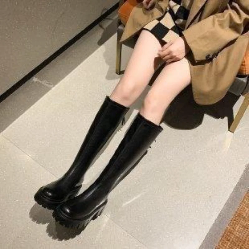 2023 New Platform Women's Boots PU Leather Ladies Zipper Rider Platform Flats Fashion Winter High Heels Knee Boots