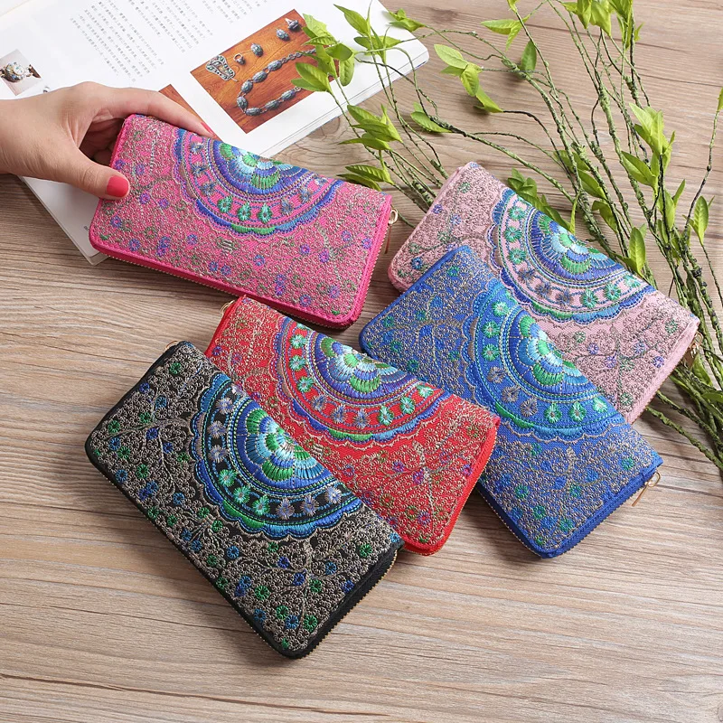 

Chinese New Year New Long Zip Clutch Bag Fabric Double-sided Embroidery Ladies Purse Wallet Forged Carbon Wallet