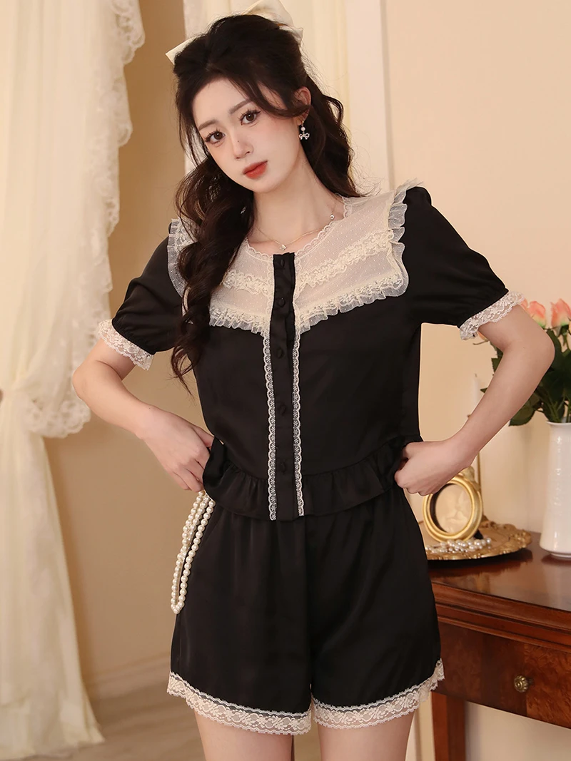 French Silk Pajamas Two Piece Suits Vintage Lace Ruffles Kawaii Shirt and Shorts Victorian Nightgowns Women Summer Sleepwear