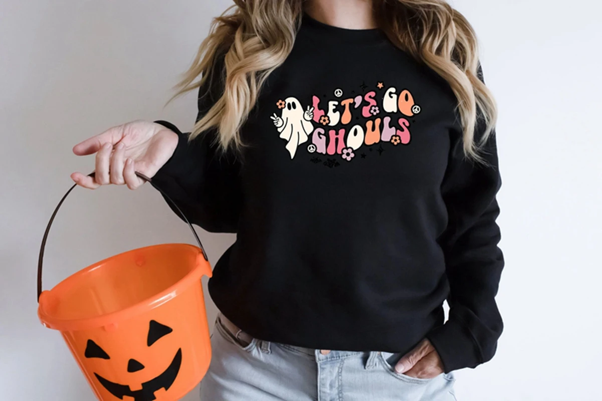 

Colored Let's Go Ghouls Halloween Sweatshirt Fall Oversize pullover Halloween neutral streetwear