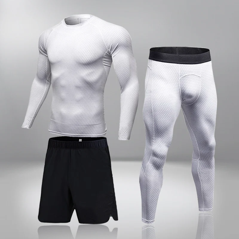 

New 3 Pcs/Set Sports Suit Men Running Set Jogging Basketball Underwear Tights Sportswear Gym Fitness Tracksuit Training Clothes