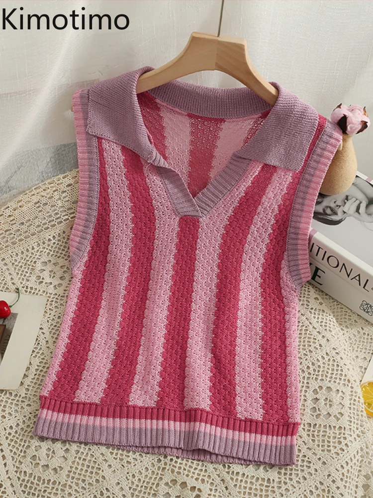 

Жилет Kimotimo Женский трикотажный в полоску, пуловер без рукавов с воротником с отворотами в стиле ретро, облегающая верхняя одежда, тонкий сви...
