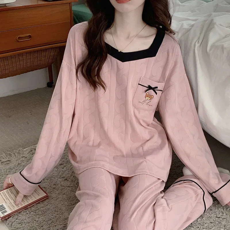 Женские милые брюки с рюшами и длинными рукавами пижамный комплект в корейском
