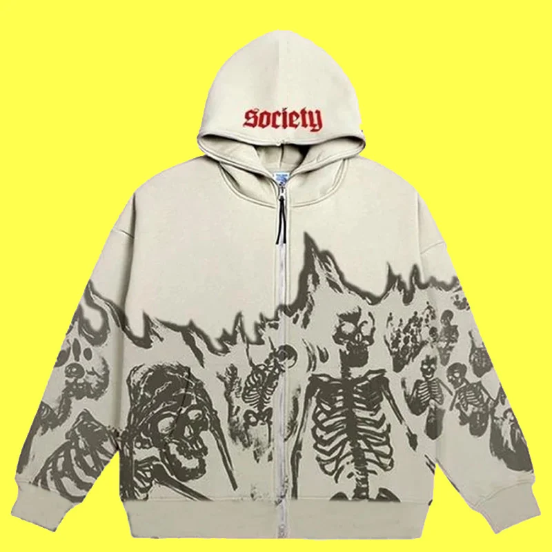 

Skull Pattern Vintage Street Hoodie for Men Gothic Harajuku Alt Halloween Clothes Y2K Zip Up Hoodies Grunge Oversized Sweatshirt