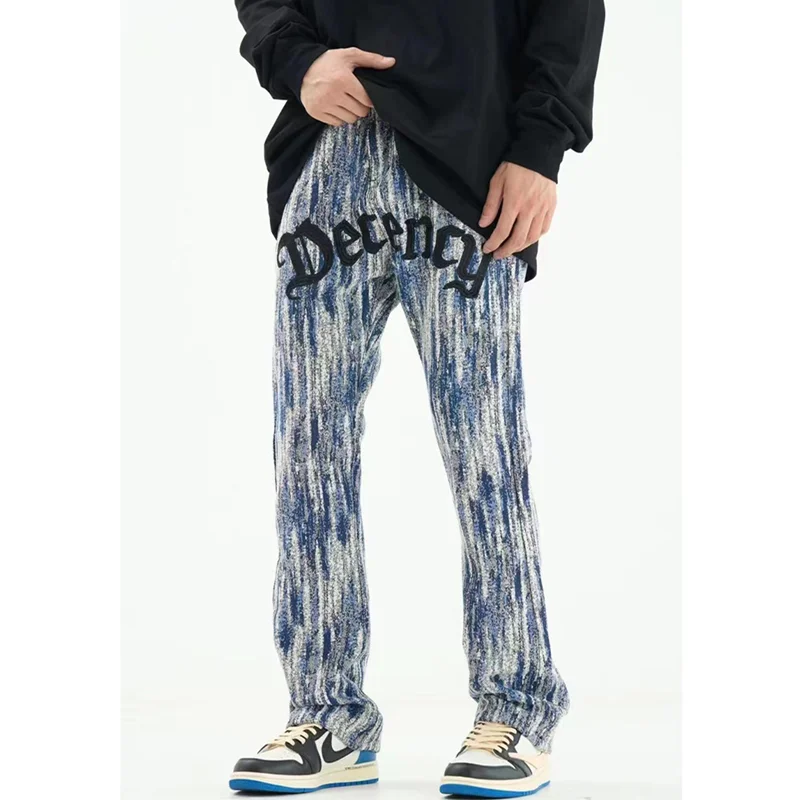 Streetwear Men Embroidered Letter Recreational Jeans Sense of Design Vintage Blue Straight Pants Autumn and Winter Female 2022