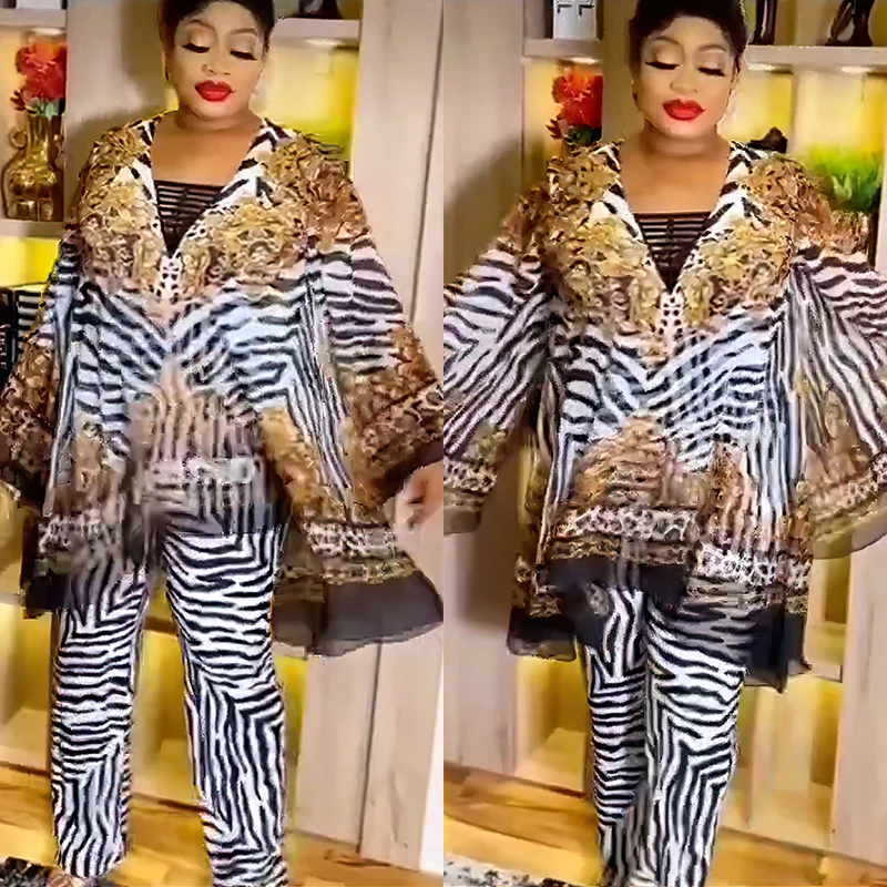 Plus Size Women Clothing New Fashion Trouser Set Printed Chiffon Flare Sleeves Large Loose Two Piece Set Women Outfit 2023