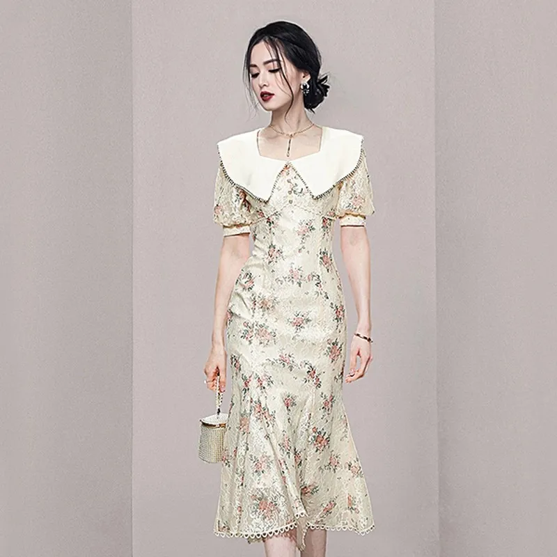 

2022 Summer Temperament Women Elegant Mermaid Dress Women Lapel Puff Sleeve Clothes Lace Printed Dresses