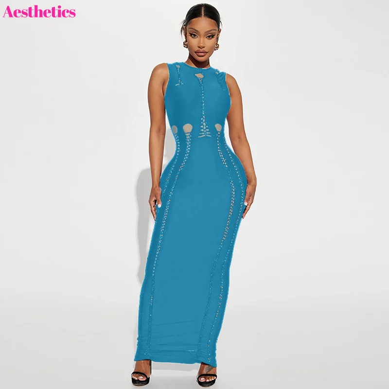 

Sexy Hollow Out Sleeveless O Neck Maxi Bodycon Dress Streetwear 2023 Women Summer Elegant Club Birthday Party Evening Dresses