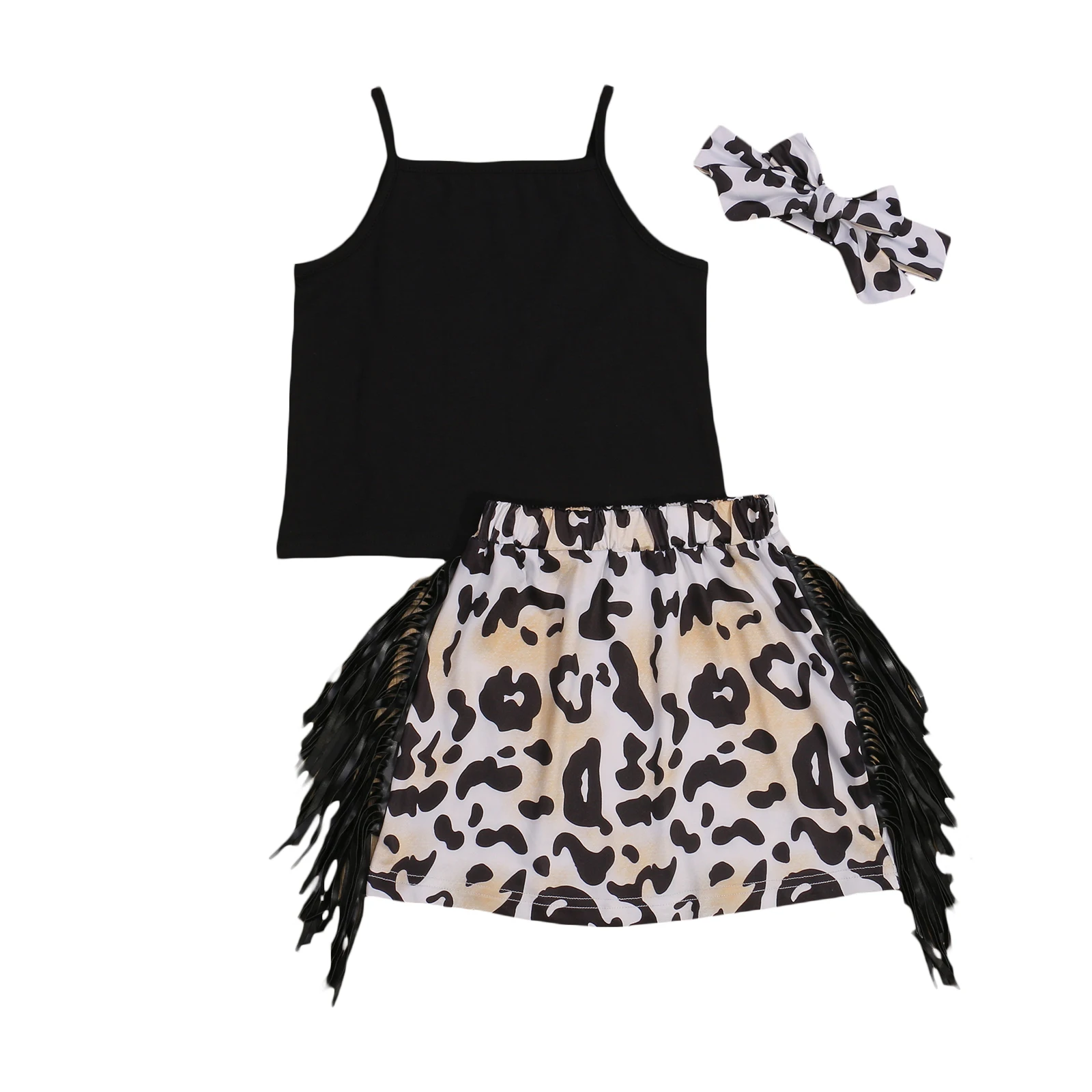 

3Pcs Kids Baby Girls Summer Outfit Solid Color Braces Vest + Leopard Print Tassels Short Skirt + Headband Set for Girls