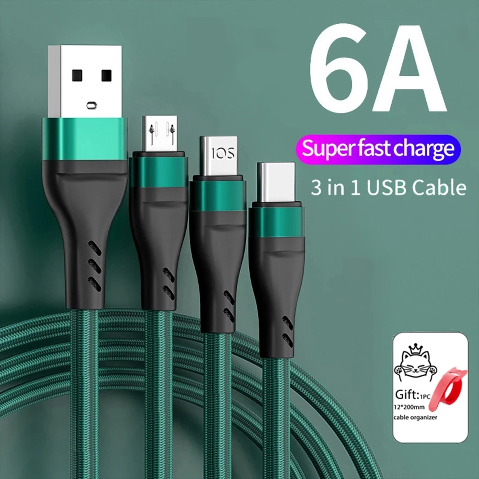 

3 In 1 6A Super Fast Charging Cable Nylon Braided Data Cable IOS Micro U SB Type-c foriPhone 13 12 11 forHuawei forXiaomi