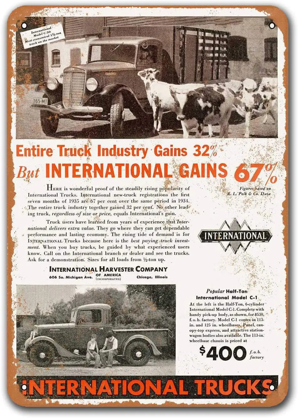 

1935 International Harvester C-1 Trucks Car Metal Tin Sign, Sisoso Vintage Plaques Poster Bar Man Cave Retro Wall Decor