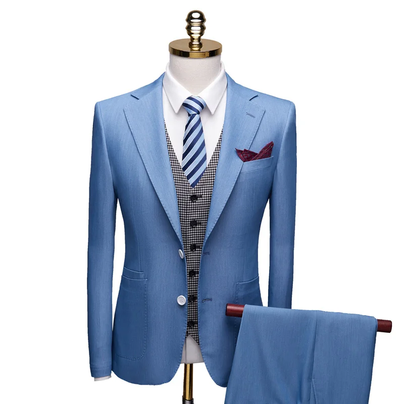

[Jacket+Pants]2022 New Free Shipping Formal Light Blue Suit Elegant Men Wedding Suits Groom Peaky Blinders Cosplay Party Dresses