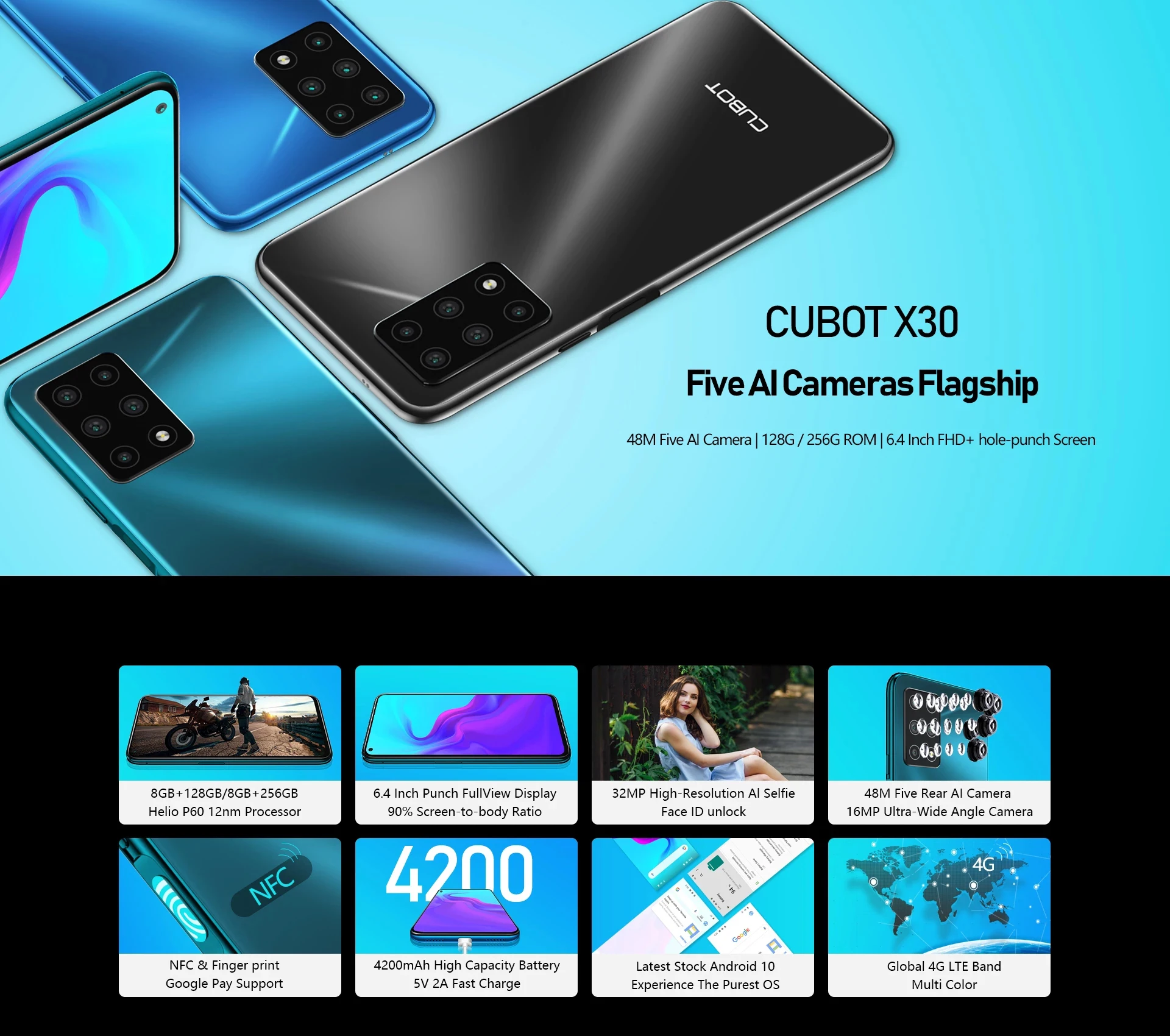 Cubot X30 6.4 Inch FHD Mobile Phone Helio P60 Android 10 Smartphone 48MP Five Cameras 8GB+256GB Cellphone Global Version 4200mAh