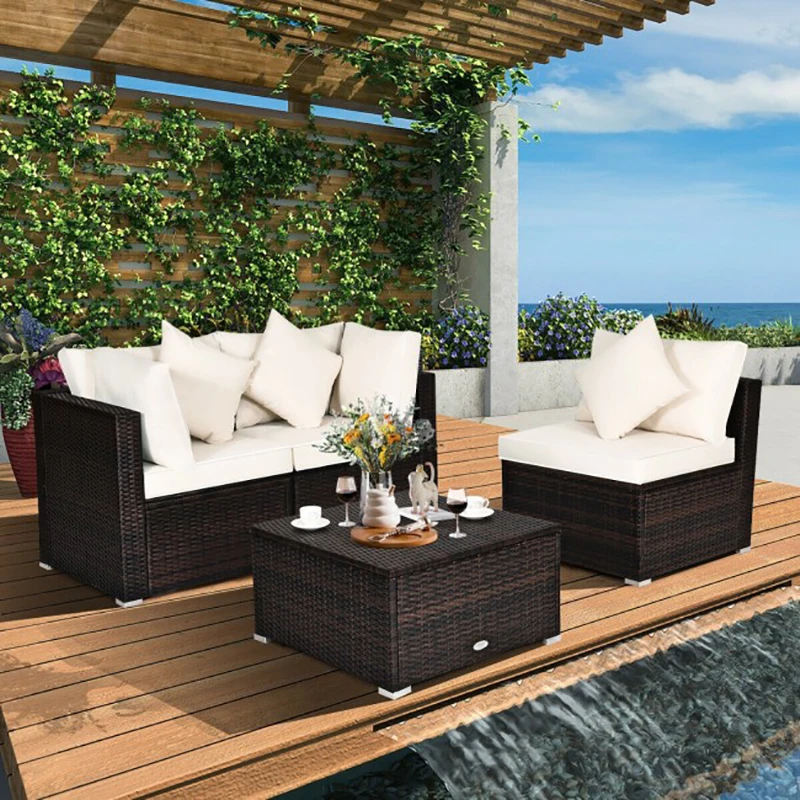 

4 Pieces Ottoman Garden Patio PE Rattan Wicker Furniture Set Sturdy Solid Cross Steel Frame Soft Cushions Garden Furniture Sets
