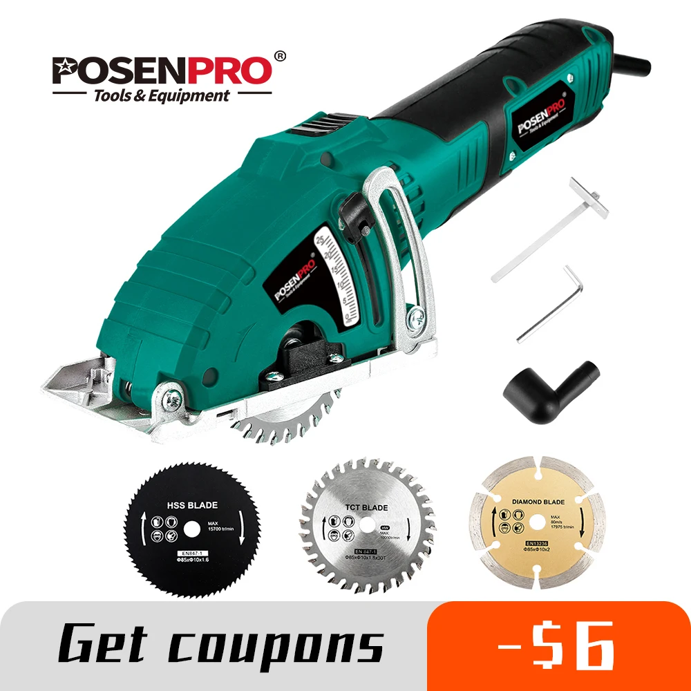 POSENPRO Electric Mini Circular Saw 700W Hand Tool Cutting Wood Metal Saw Parallel Guide Attachment Tools 3pcs Blades
