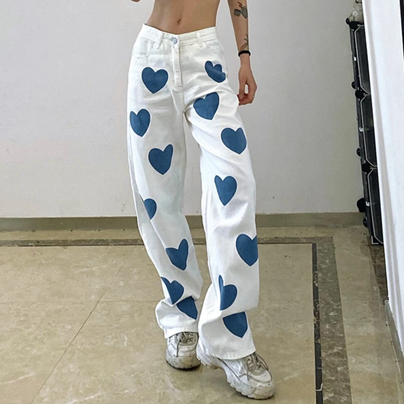 

Women's Jeans Y2K White Heart Print Midi Straight Pants Baggy Boyfriend Streetwear Mom Vintage Wide Leg Trousers