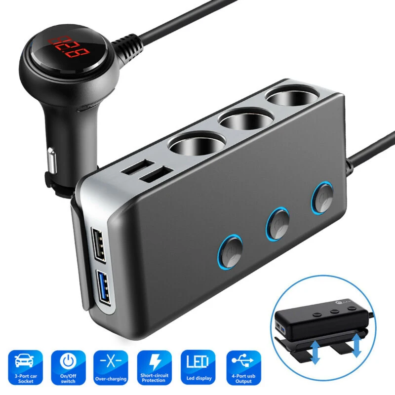 

New 120W Car One to Three Cigarette Lighter Independent Switch PD20W 4USB+QC3.0 Charger Splitter 12V Outlet Power Adapter