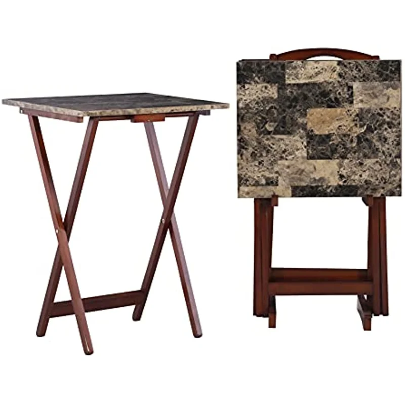 Linon Home Decor Tray Table Set, Faux Marble, Brown