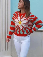 red blue floral stripe sweater plaid back office ladies knitted chic tops pullover femme 2022 spring casual female outwear