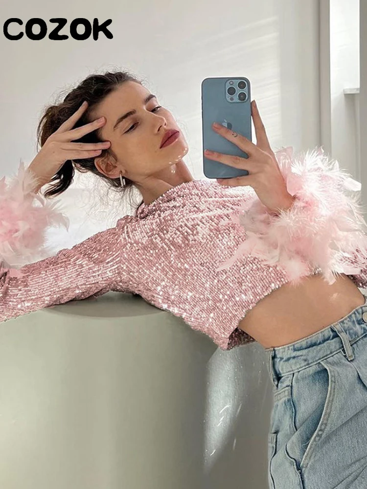

Party Feather Sequins Embellished Stylish Tops Women Bling Long Sleeve Crew Neck Tee T-Shirts Autumn Winter Crop Tops Clubwear