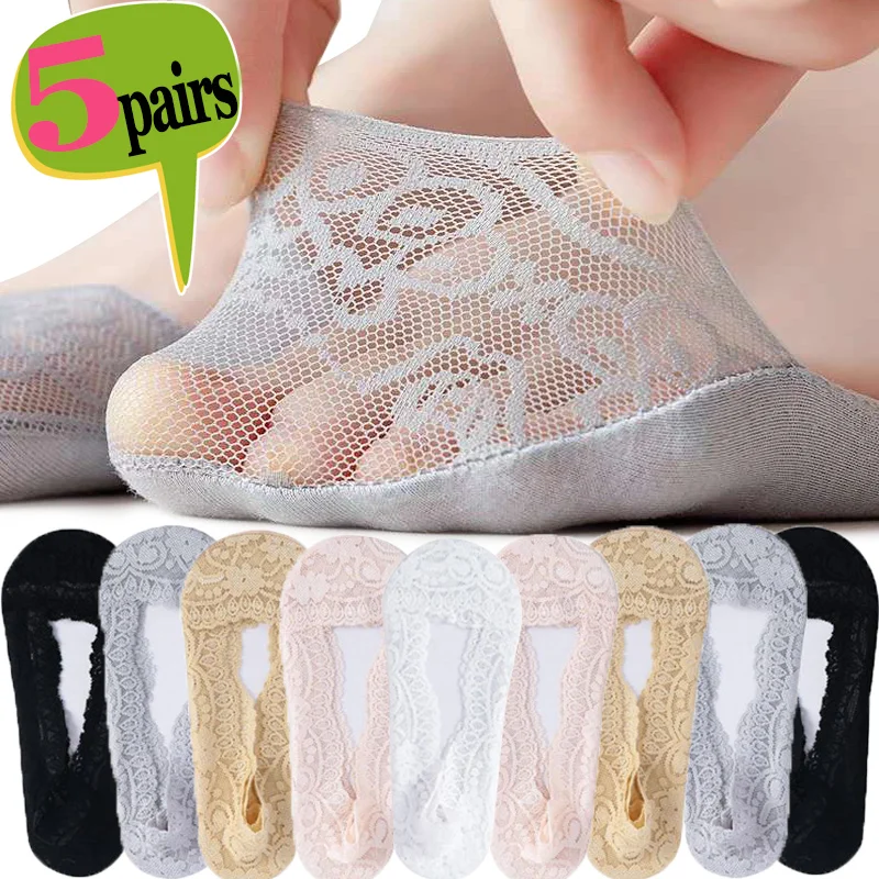 1/5pairs Lace Flower Sock Slippers Women Summer Silicone Non-slip Ankle Sox Invisible Slipper Lady Cotton Hollow Boat Socks Sox