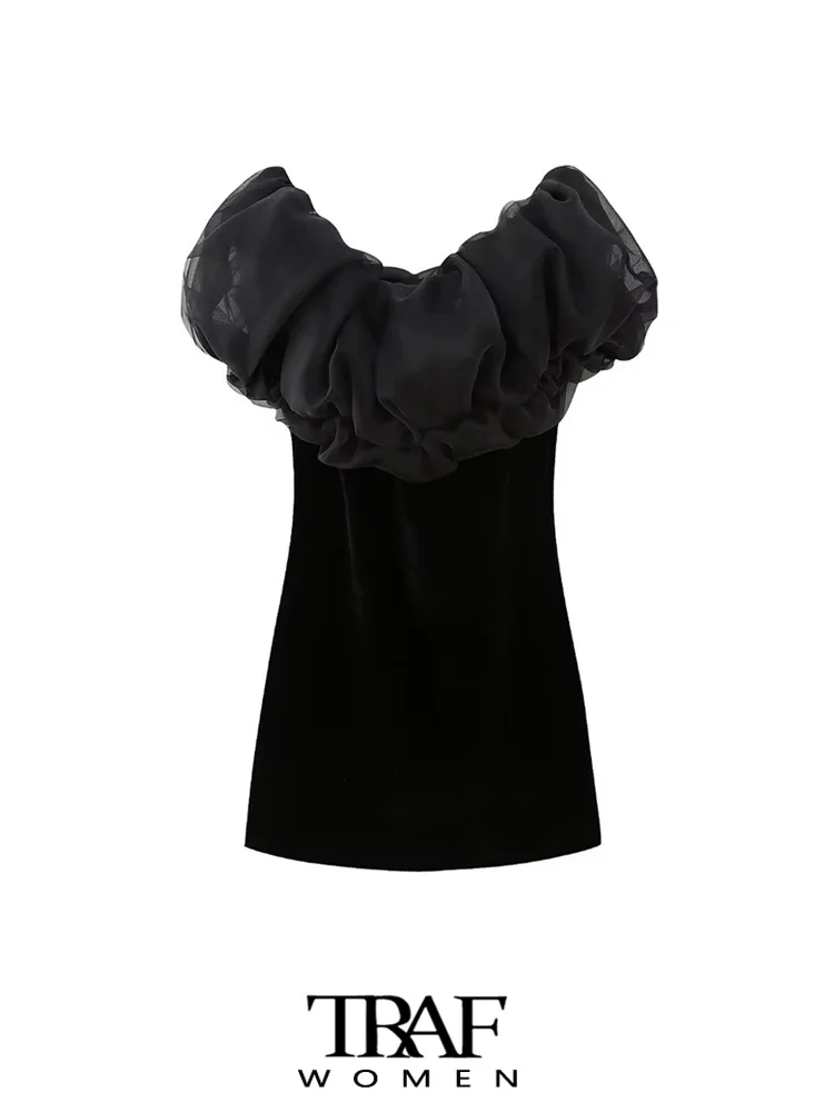 

TRAF Women Fashion With Organza Velvet Mini Dress Vintage Straight Neck Hidden Zipper Female Dresses Vestidos Mujer
