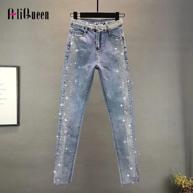 

Джинсы женские с завышенной талией, винтажные узкие брюки из денима до щиколотки, со стразами, уличная одежда, черные синие, 5XL, весна-осень
