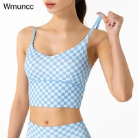 wmuncc chessboard plaid sports underwear womens naked feeling gathered back fitness running yoga clothes suspender bra