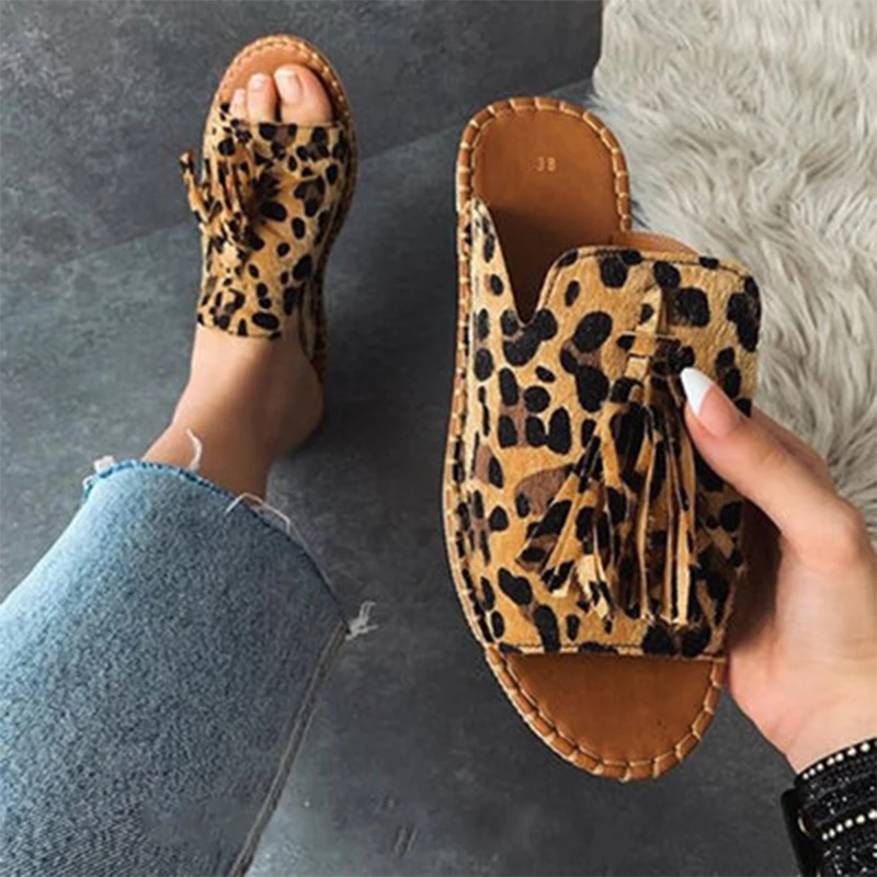 

Comemore 2022 Summer Female Flat Slippers Women's Fashion Tassel Comfortable Shoes Ladies Leopard Open Toe Footwear Plus Size 43