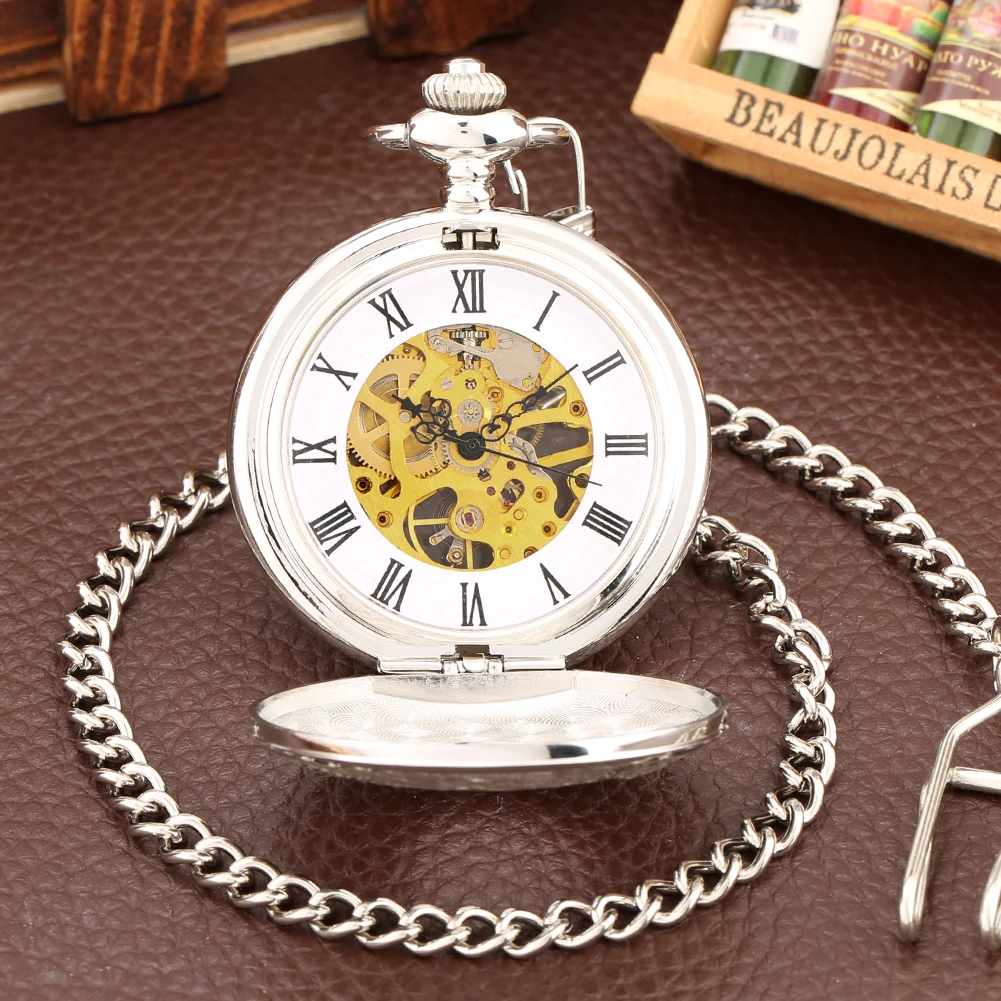 Silver Manual Mechanical Pocket Watch Fob Chain Roman Numerals Carved Display Classic Vintage Hand Winding Pocket Clock