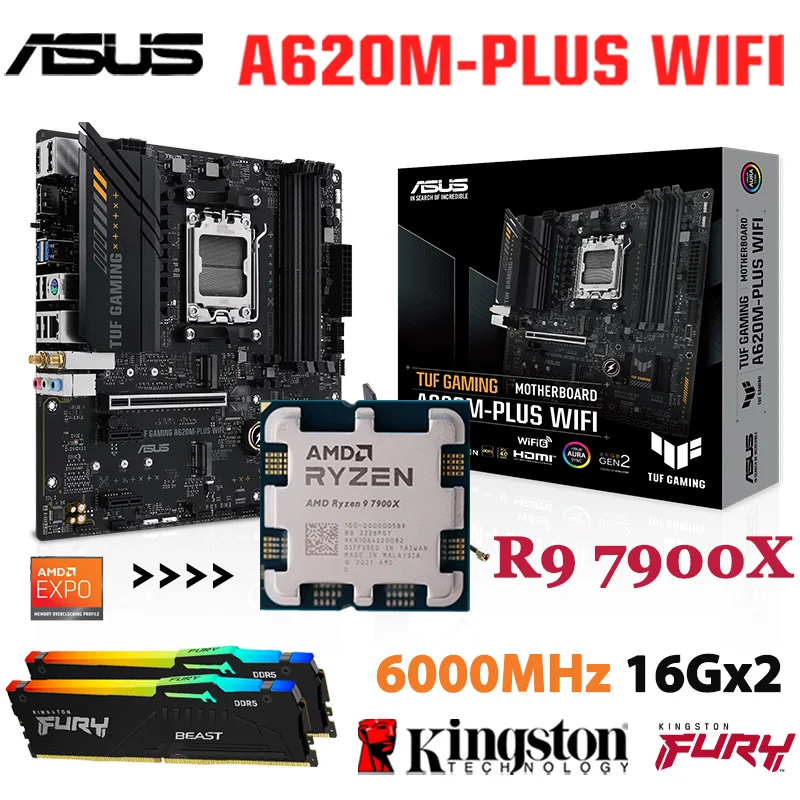 

Socket AM5 ASUS TUF GAMING A620M PLUS WIFI Motherboard With AMD Ryzen 9 7900X CPU Kit+Kingston RAM DDR5 6000MHz 32G EXPO NEW