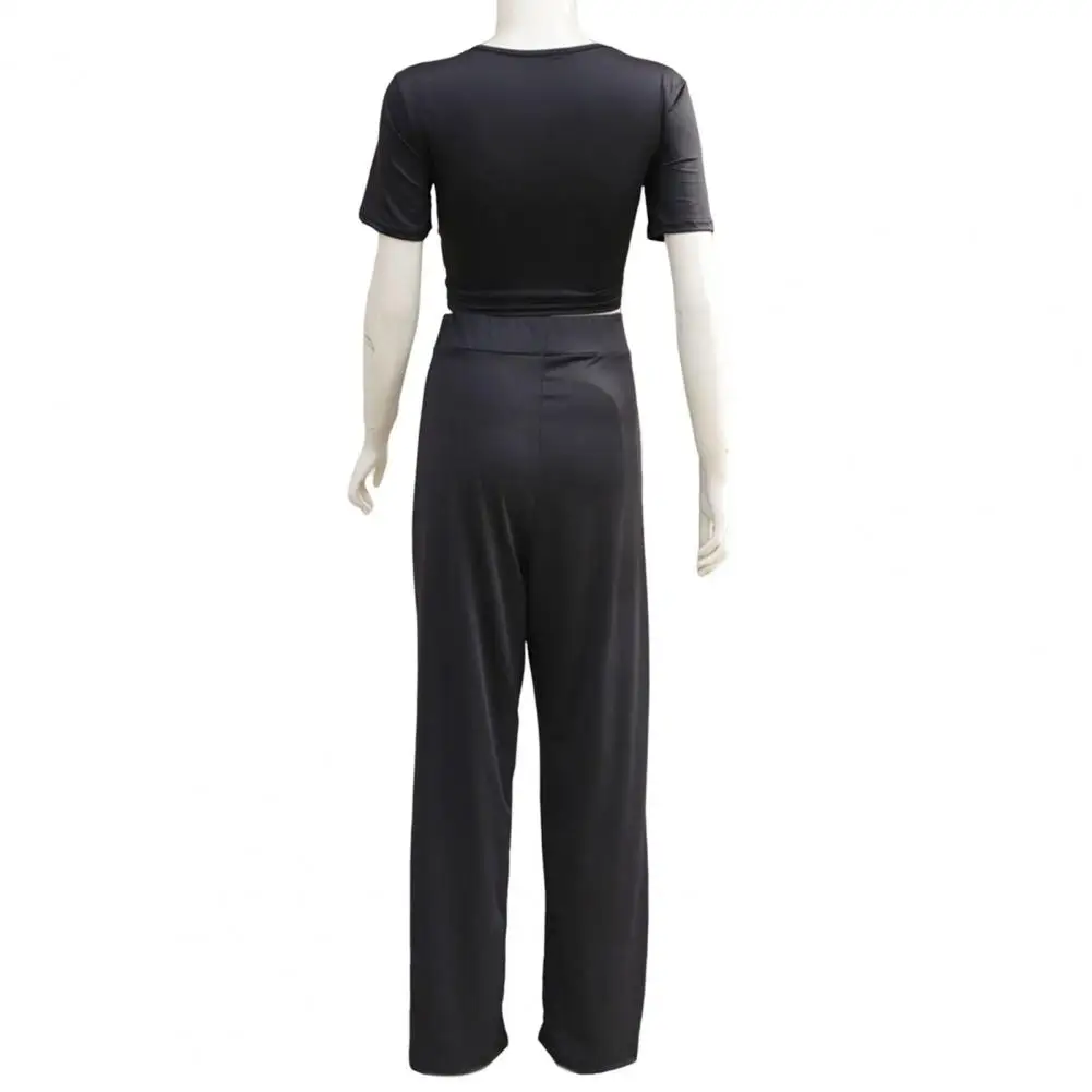 

O Neck Breathable Pleated High Waist Women Crop Top Pants Set Female Garment