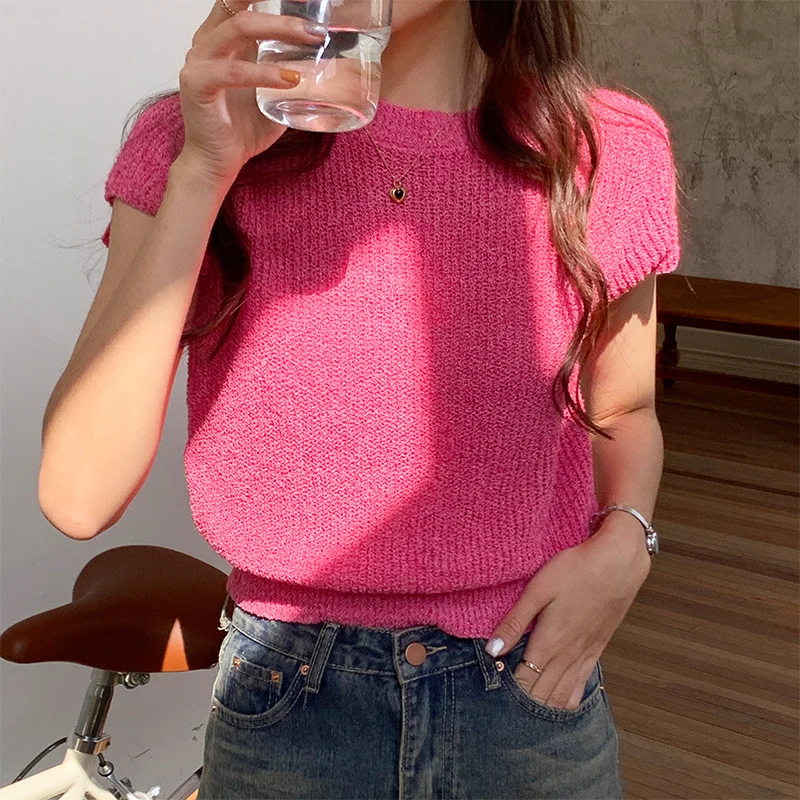 

Shoulder T-shirt Women's Short Sleeve 2023 Summer New Slim Fit Ice Silk Knit Shirt Round Neck Short Style