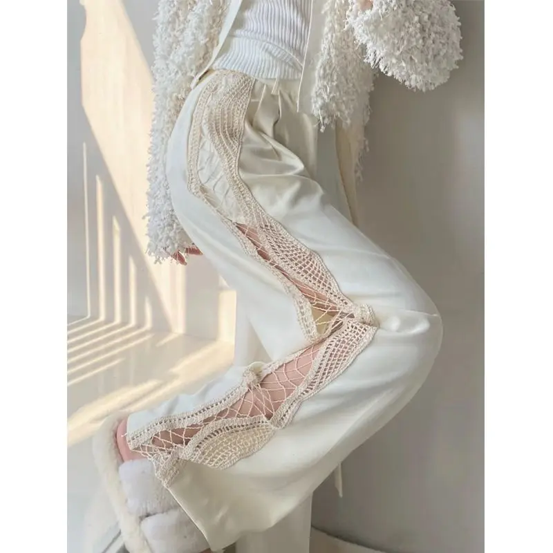 

Black White Colour High Waist Straight Hollow Out Simple Elegant Lace Side Stripe Spliced Long Pants Ladies Good-looking Blended