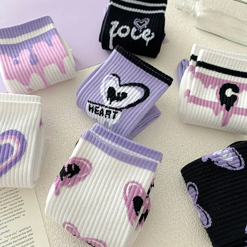 Women Cotton Socks Purple Heart Print Middle Tube Sock American Hip Hop Socks Street Wear Skateboard Socks Sports Sock For Girls