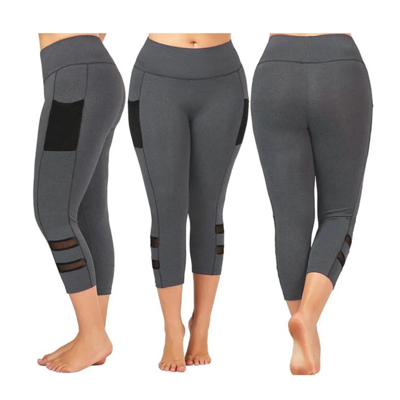

Women Yoga Hollow Crop Leggings With Pocket Female Sport Fitness High Waist Short Leggings Solid Slim Push Up Trousers Pant