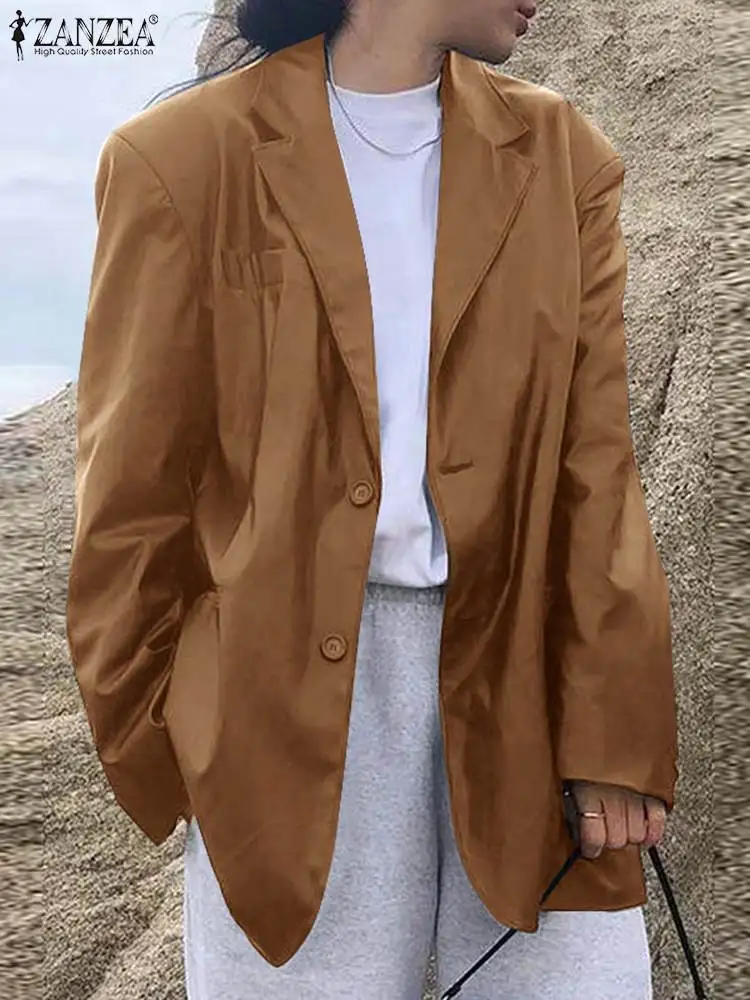 

Модный корейский черный блейзер ZANZEA 2023, осенняя куртка из искусственной кожи, женские тонкие пальто с длинным рукавом и воротником с лацканами, женская верхняя одежда