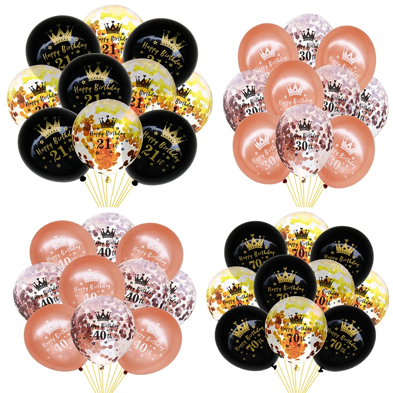 

10pcs 12 inch Rose Gold Black Gold Confetti Latex Happy Birthday Balloons Number Happy 18 21 30 Years Birthday Party Decorations