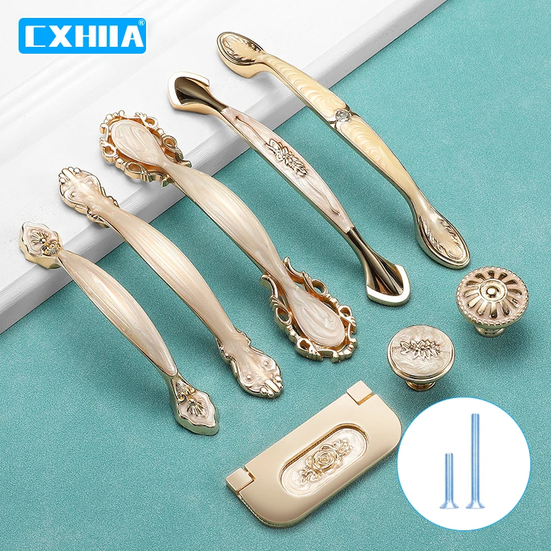 

CXHIIA European Style White Amber Handle Simple Zinc Alloy Furniture Handle Golden Cabinet Drawer Round Single Hole Handle