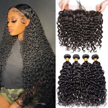 10A Peruvian Hair Bundles With Frontal Water Wave Bundles With Frontal Closure 13x4 Ear to Ear Lace Human Hair Weave Extensions 1