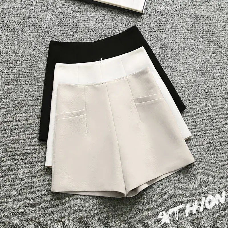 2023 summer new Korean high-waisted A-line wide leg shorts for women to wear slimming plain color suit casual pants