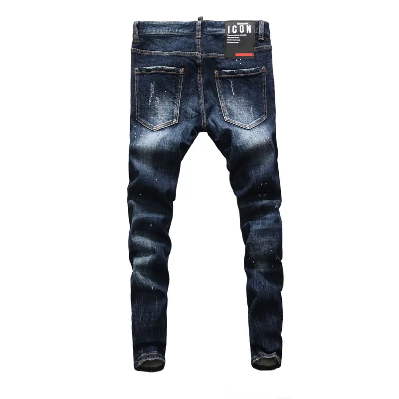 Fashion Designer Men Jeans Retro Vintage Blue High Quality Elastic Slim Fit Ripped Jeans Men Painted Hip Hop Brand Pants Hombre